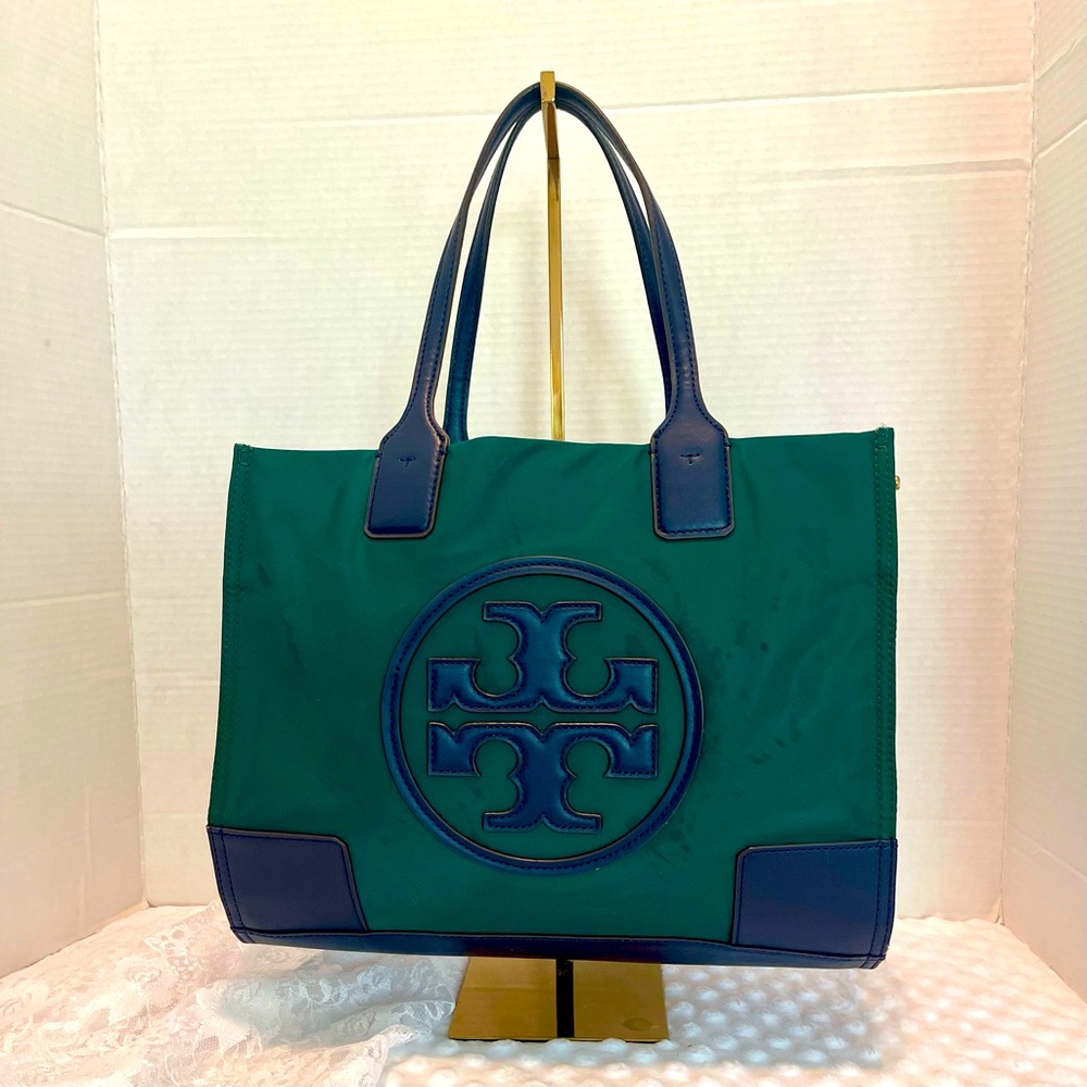 Tory Burch Tote Ella Color Block Bag/Purse Nylon Green Navy Blue
Good pre owned